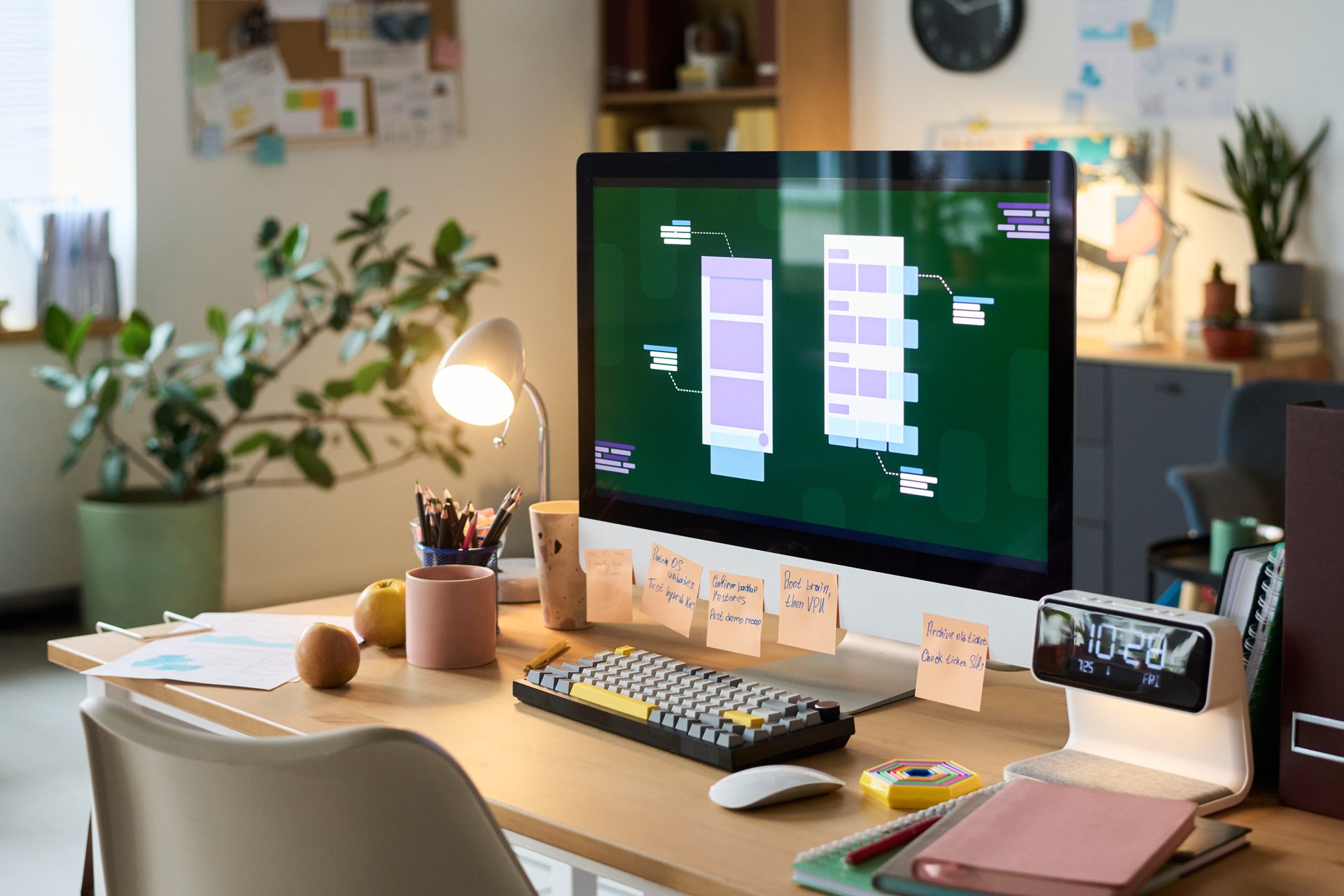 Modern workspace featuring large computer monitor displaying user interface design, digital clock, desk lamp, keyboard, stationery, fruit and sticky notes arranged on wooden desk