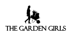 Silhouette of a woman pushing a wheelbarrow with plants, accompanied by the text 'The Garden Girls.'