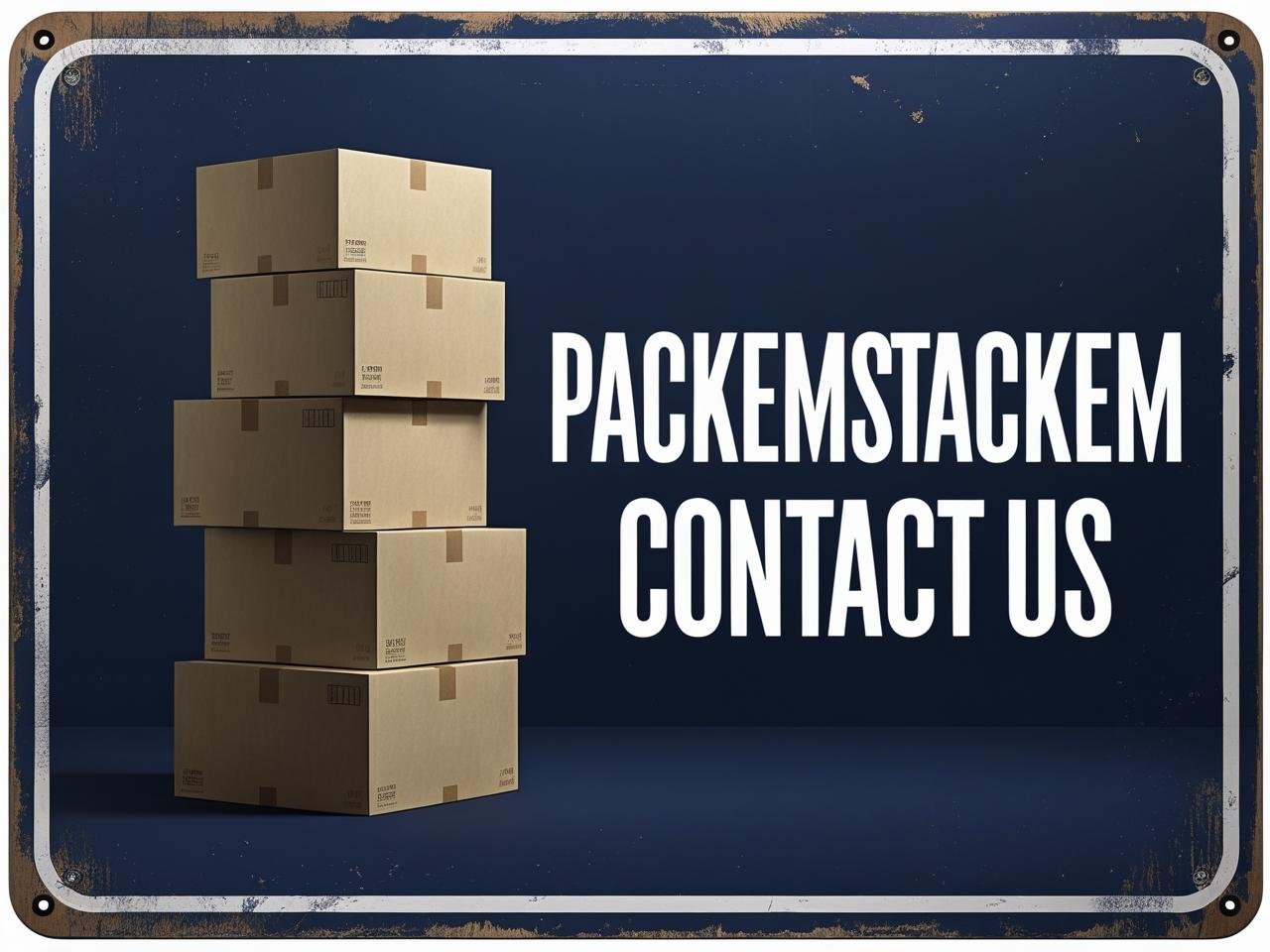 PackEmStackEm Contact Us sign with dark blue background and packing boxes