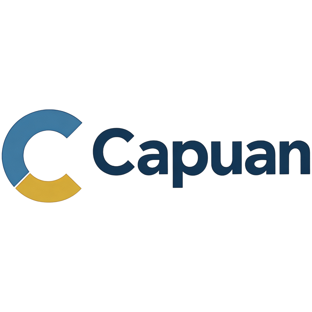 Logo with a stylized letter "C" in blue and yellow, next to the word "Capuan" in blue text on a transparent background.