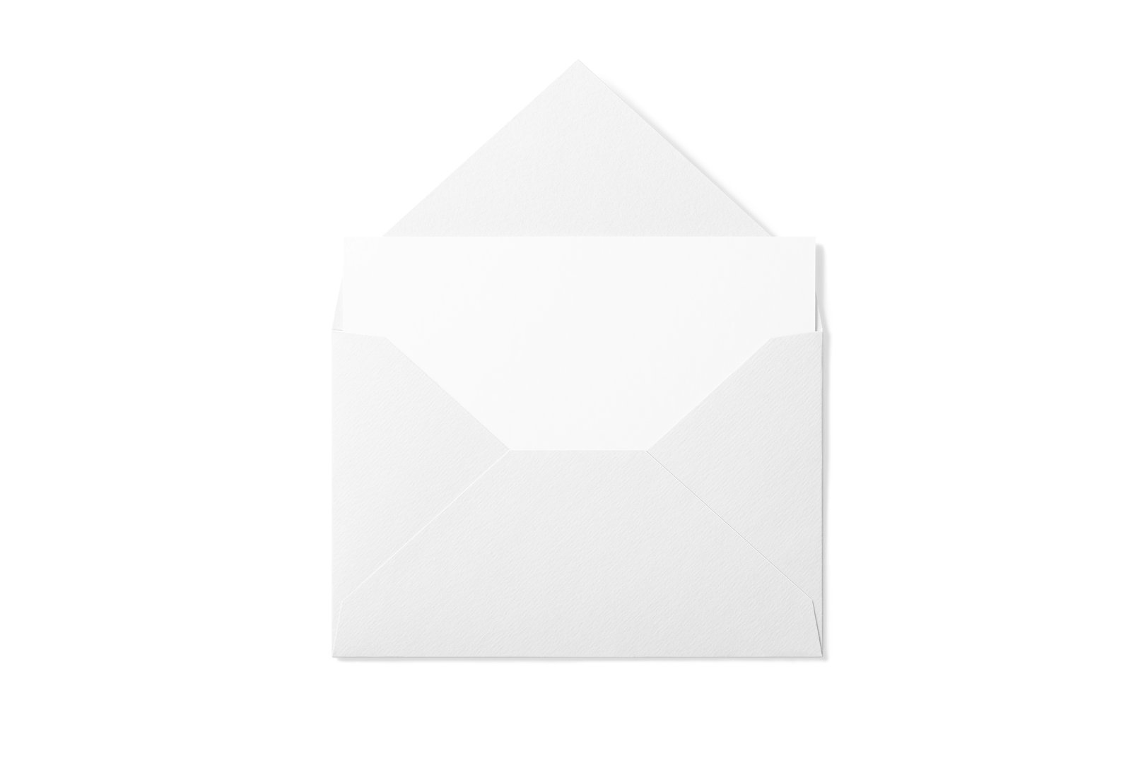 Paper envelope mockup with paper sheet isolated on a white background. High resolution.