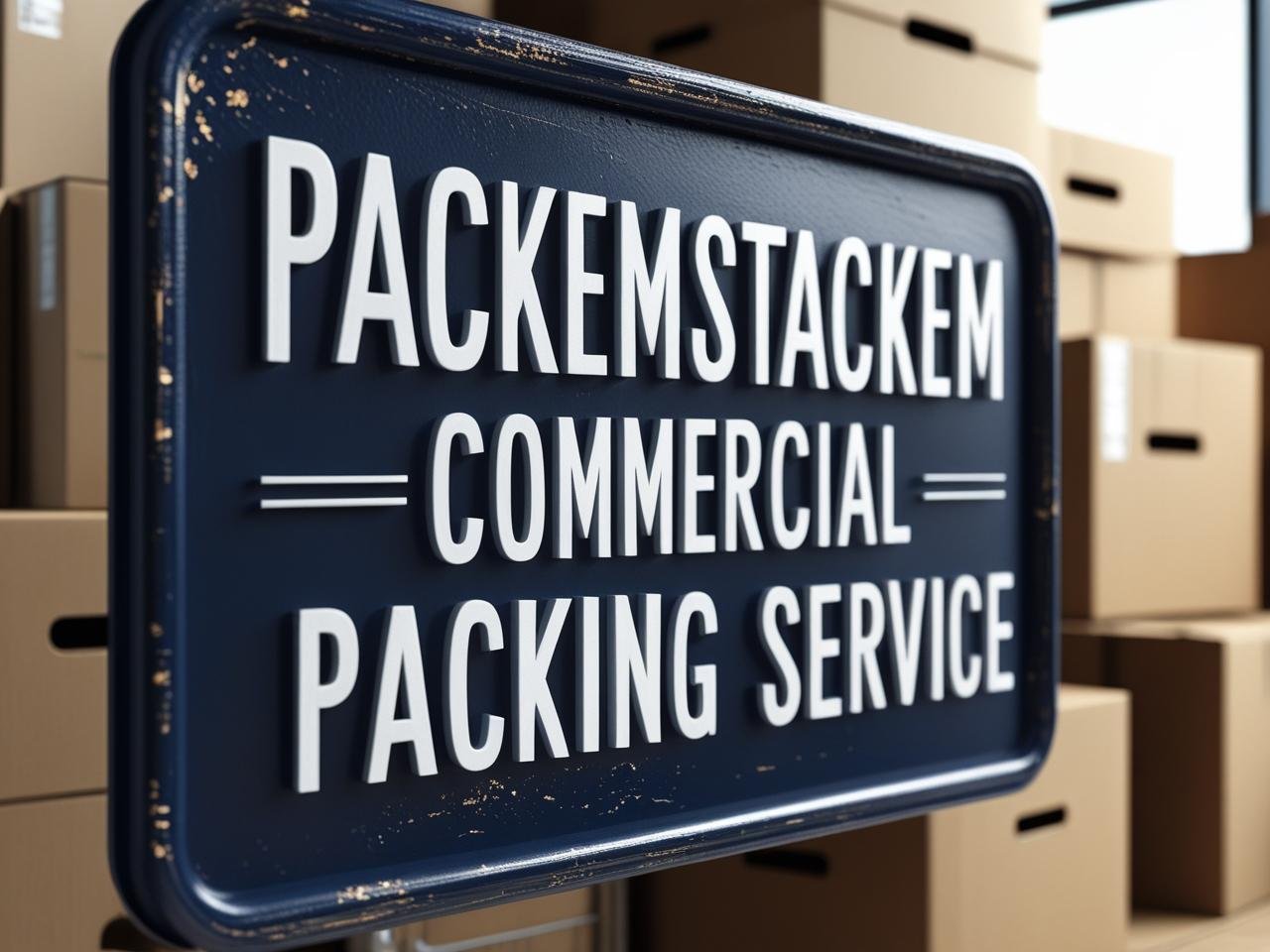 PackEmStackEm Commercial Packing Service sign with dark blue background and packing boxes