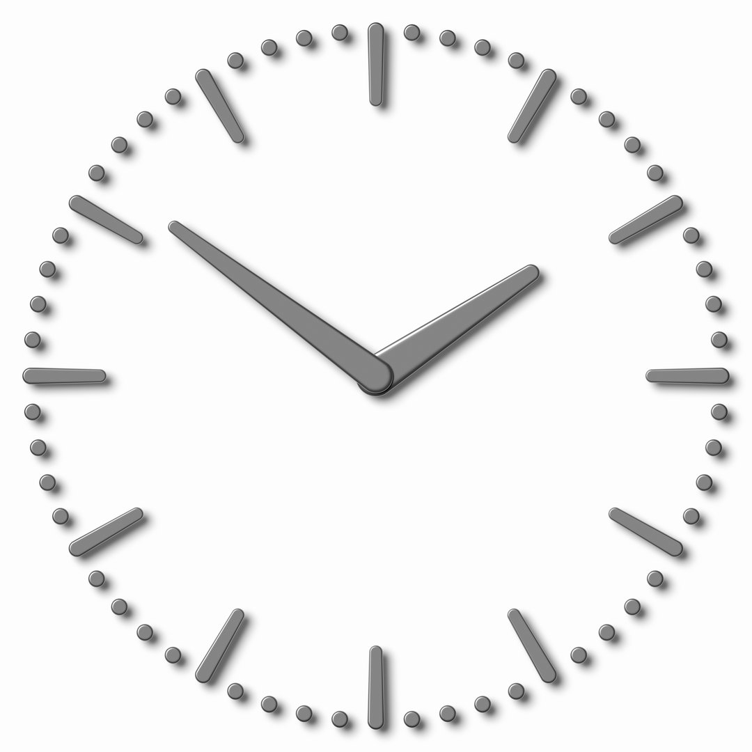 Simple clock face with metal hour hand, metal minute hand with shadows on white clock face with metal hours and minutes markers, 3d illustration
