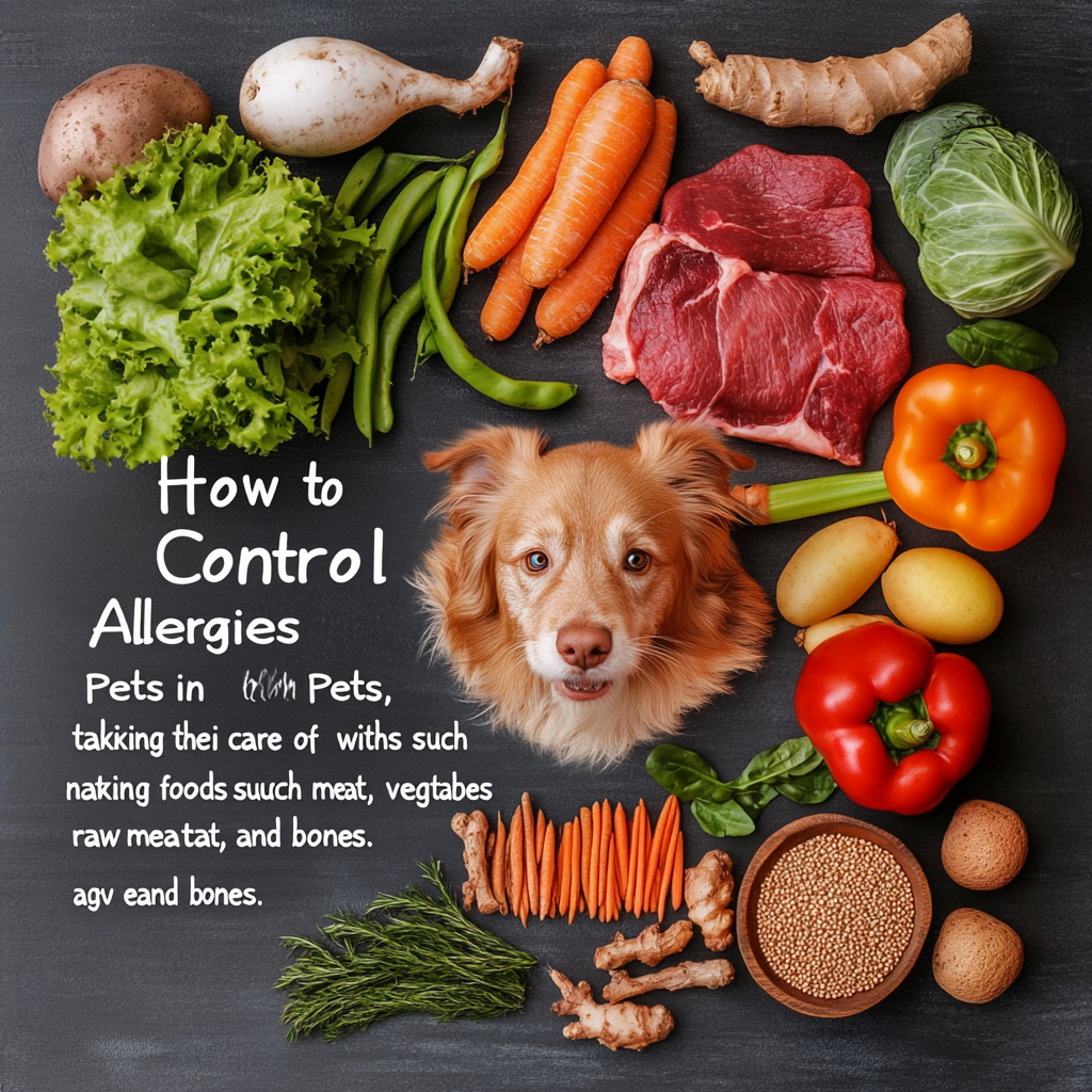 Dogs face surrounded by vegetables, meat, and text about controlling pet allergies, emphasizing natural diet.