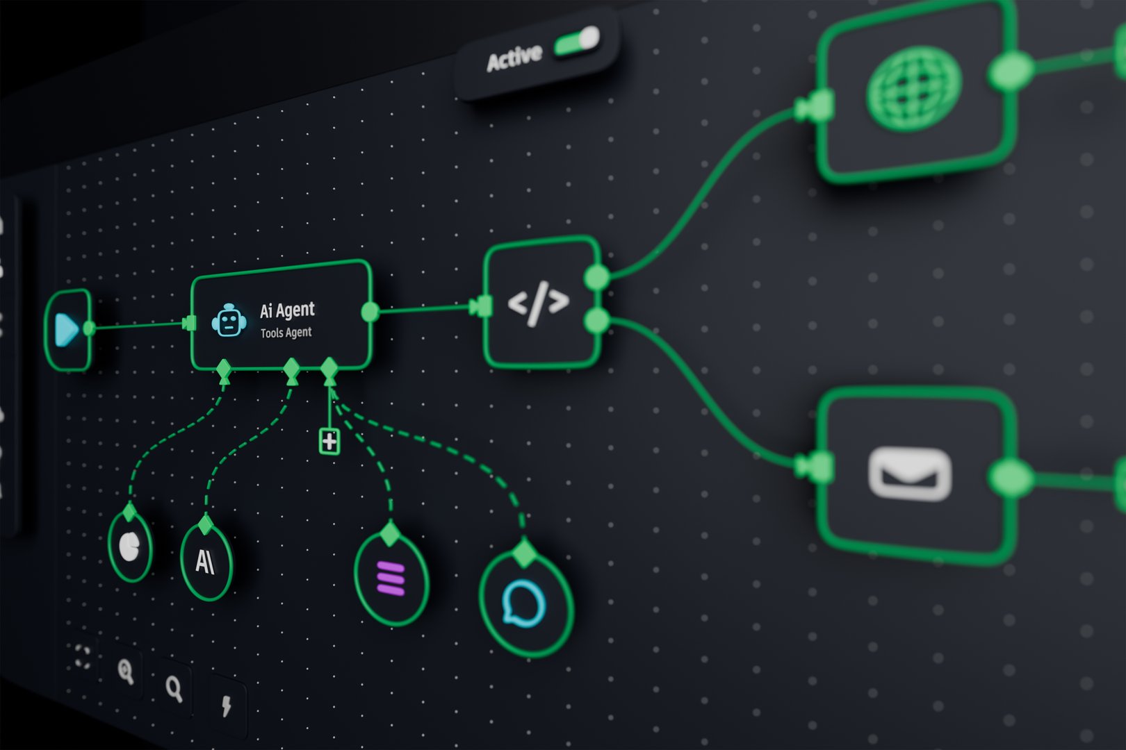 AI workflow automation artificial intelligence software interface nodes triggers data tool dashboard coding icon flow process technology 3d rendering.