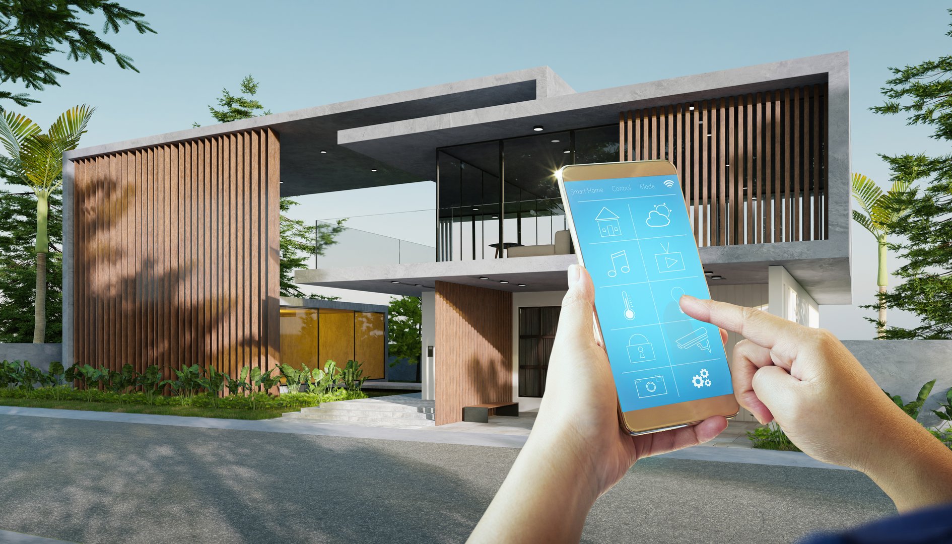 Mobile phone control with smart home app in luxury house