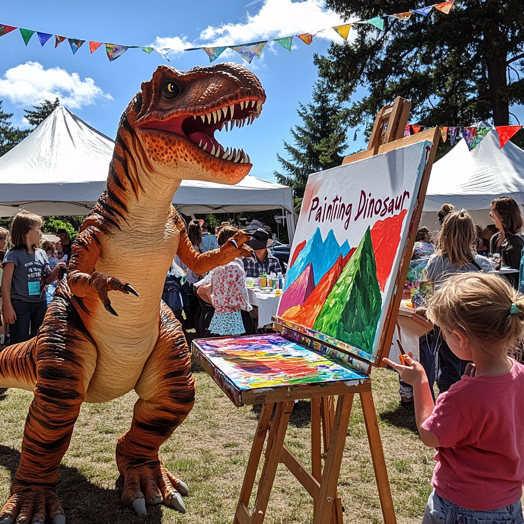 Person in a dinosaur costume and a child painting on a canvas at an outdoor event with tents and colorful banners.