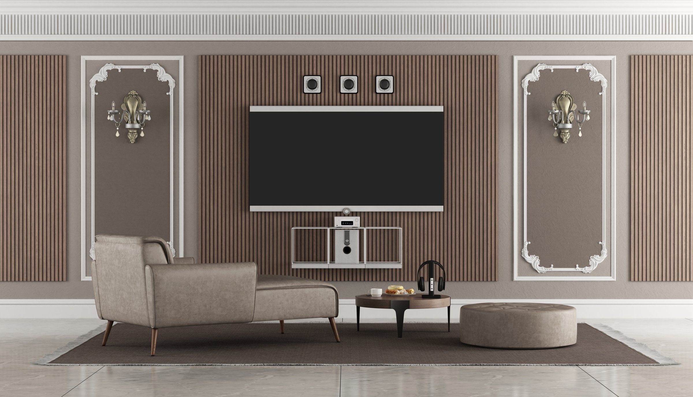 Luxurious living room showcasing a large television, comfortable seating, and elegant design elements