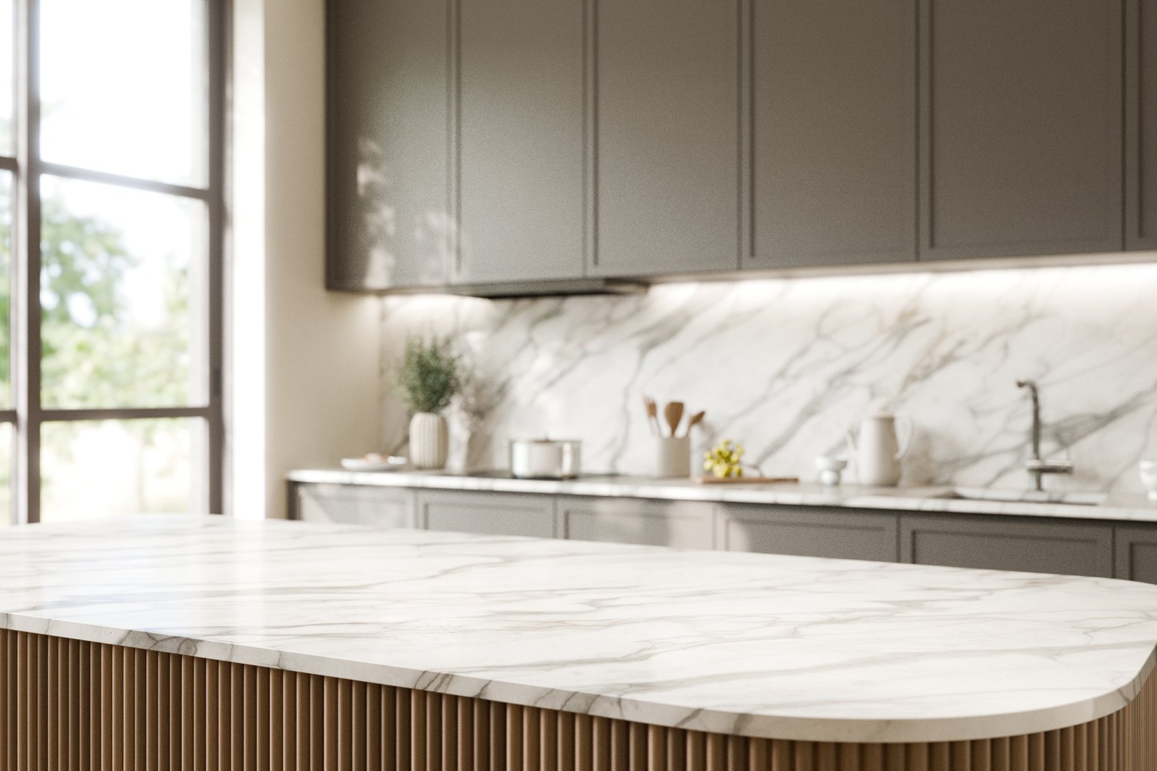 Elegant Modern Kitchen with Marble Counter top. Blurred kitchen background. 3d render.