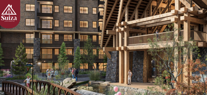 Modern building with wooden elements, courtyard with greenery and small bridge, people walking, logo "Suiza Universidad."