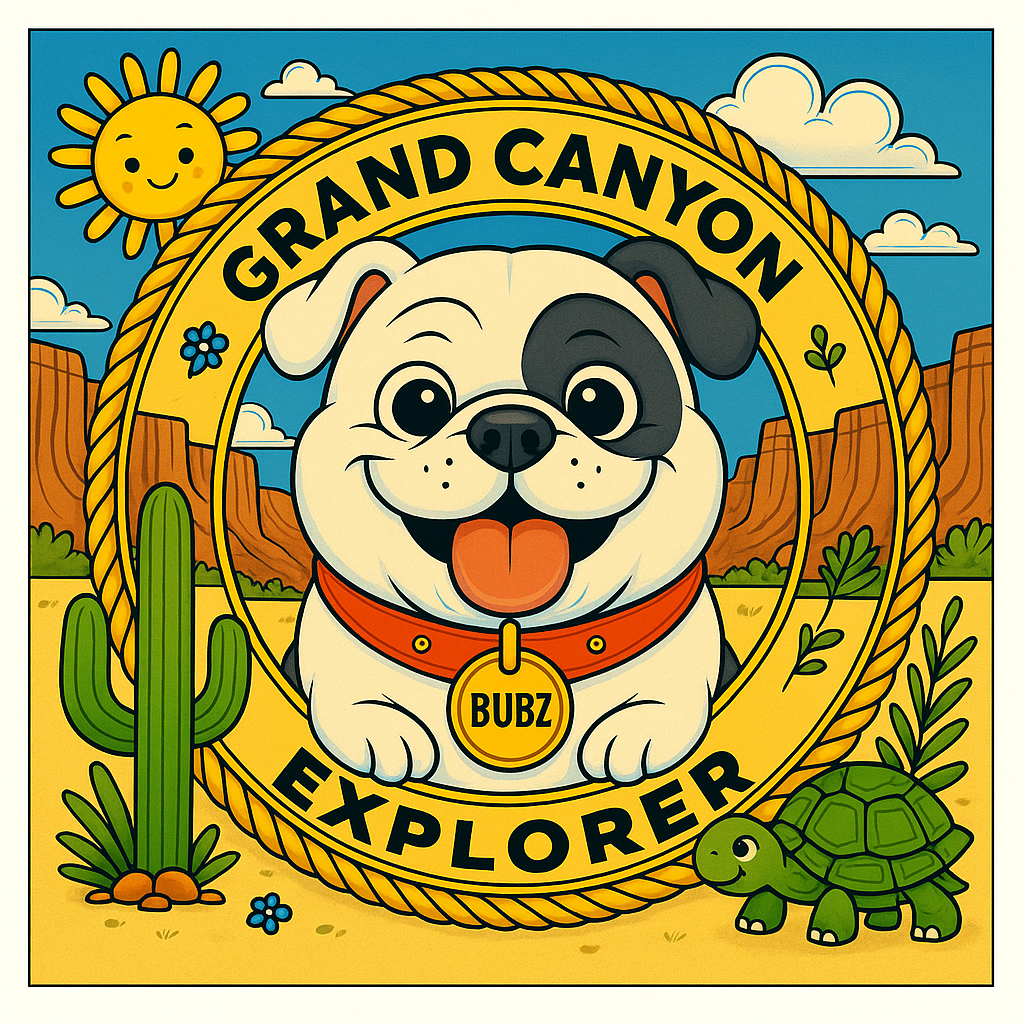 Cartoon dog with a black patch on its eye wearing a collar labeled Bubz, set in a Grand Canyon theme with a cactus and turtle.