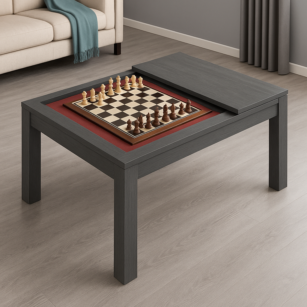 A modern wooden coffee table with a sliding top reveals a chessboard inset. The room includes a sofa and curtains.