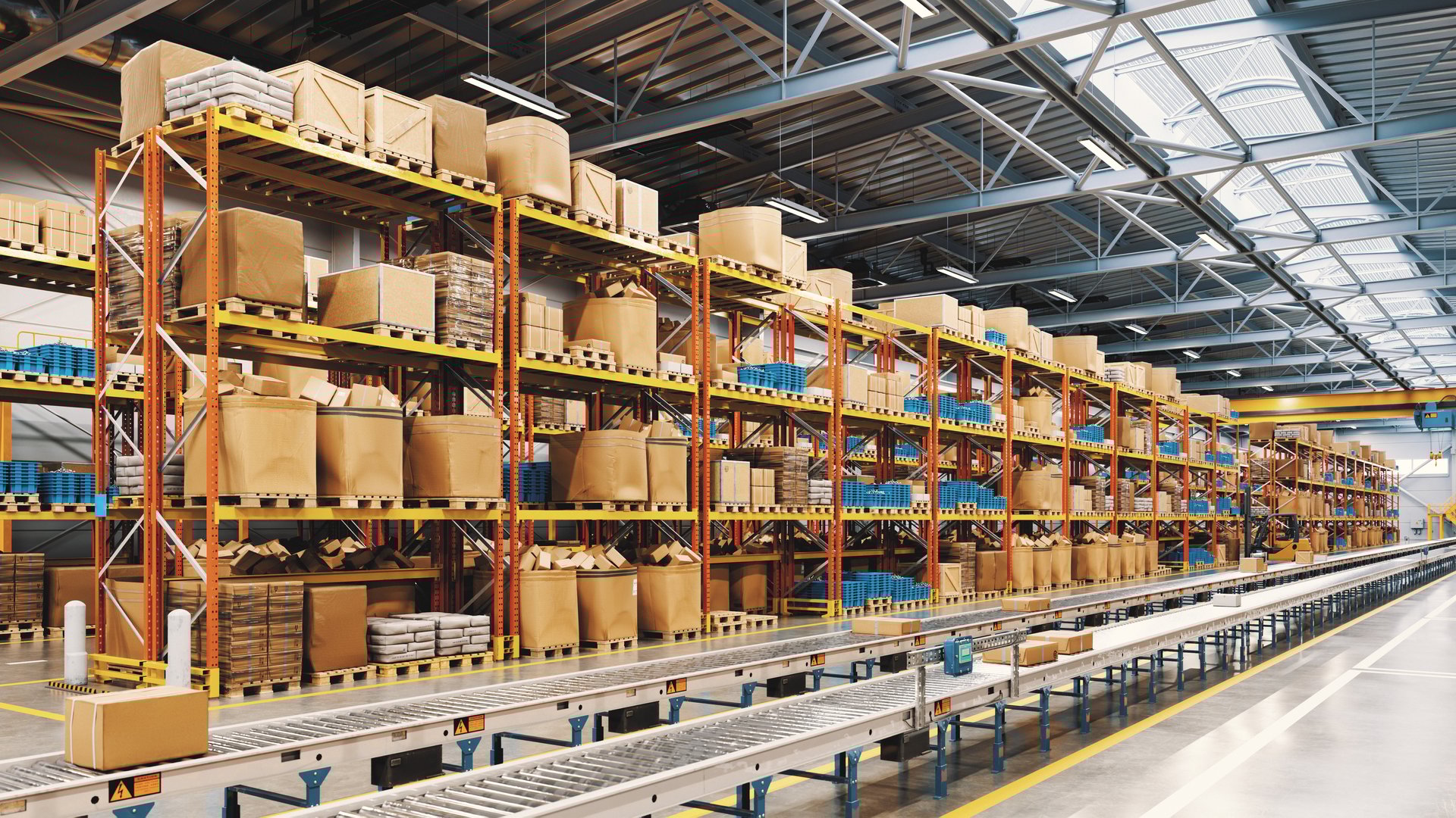 Interior of a modern industrial distribution warehouse.