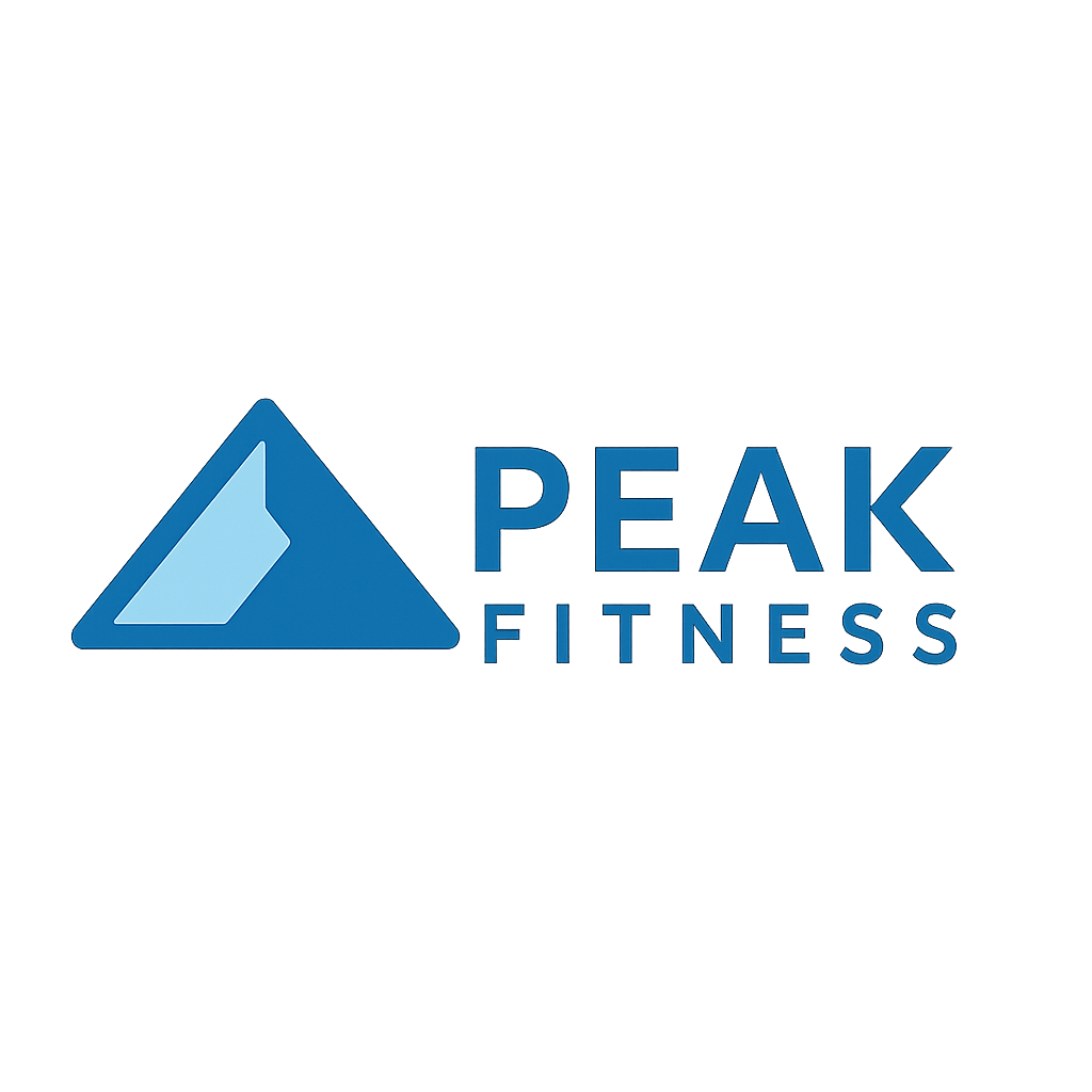 Logo of Peak Fitness featuring a blue triangle with a stylized mountain graphic and the text Peak Fitness beside it.