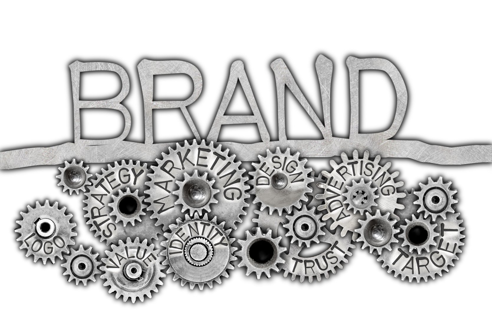 Tooth wheel mechanism with BRAND concept related words imprinted on metal surface isolated on white