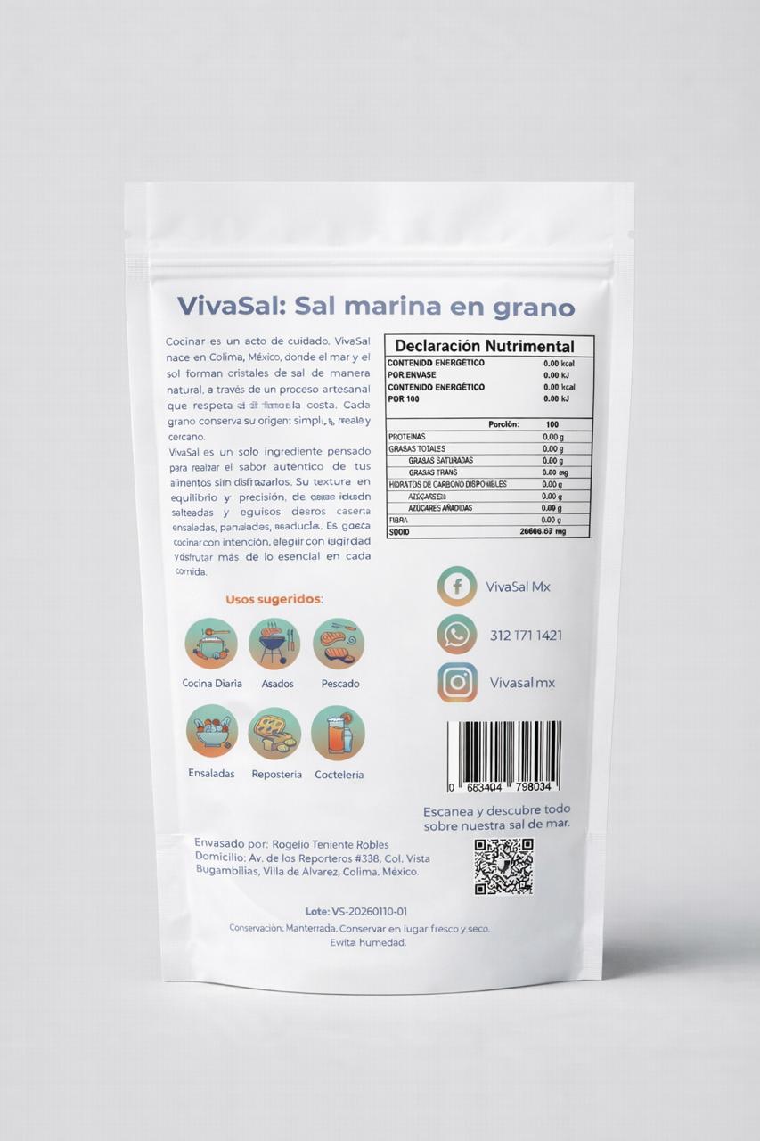 Reverso del empaque VivaSal - Información del producto