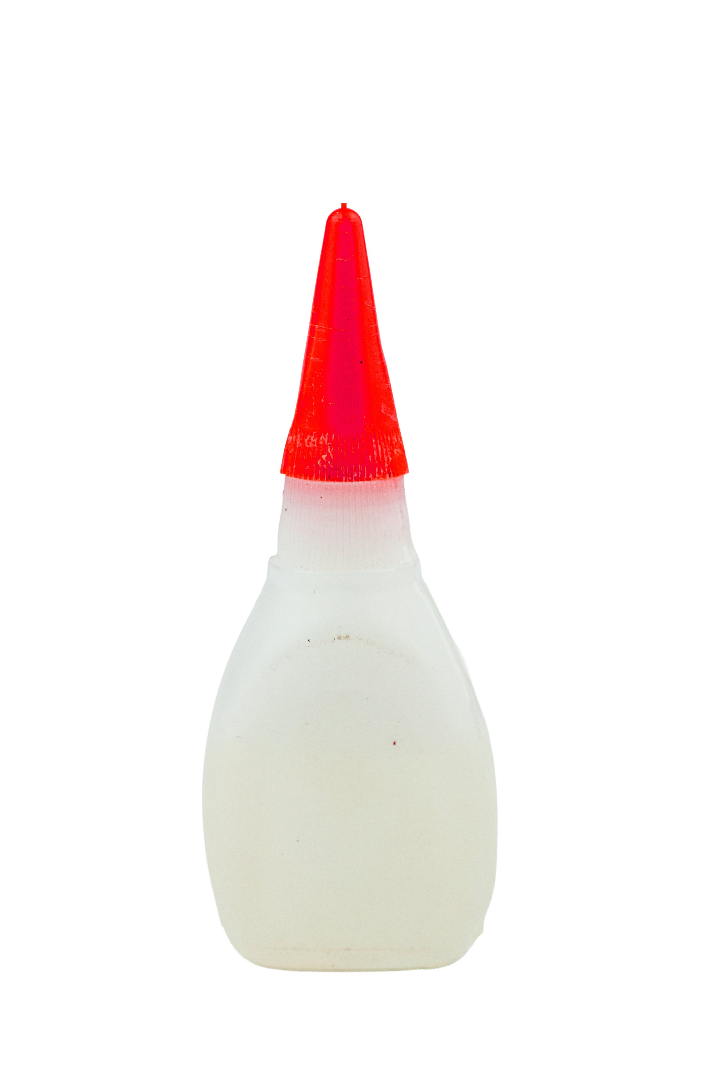 Plastic bottle of super glue with orange cap, isolated on white background.
