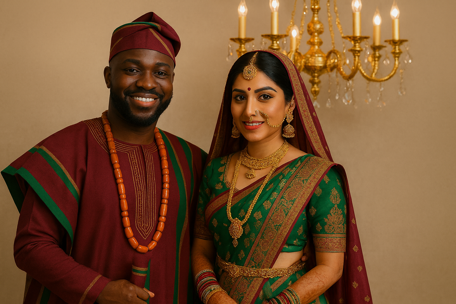 Interracial couple celebrating their multicultural wedding