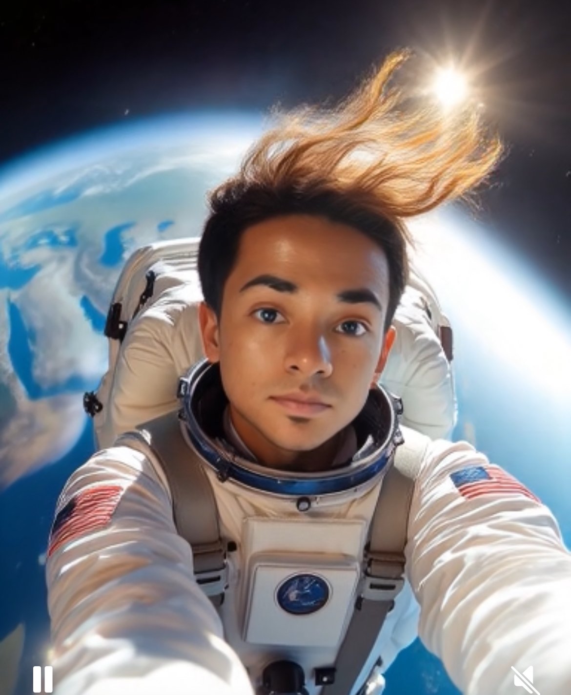 Astronaut taking a space selfie with Earth in the background, sunlight visible, wearing a NASA space suit.