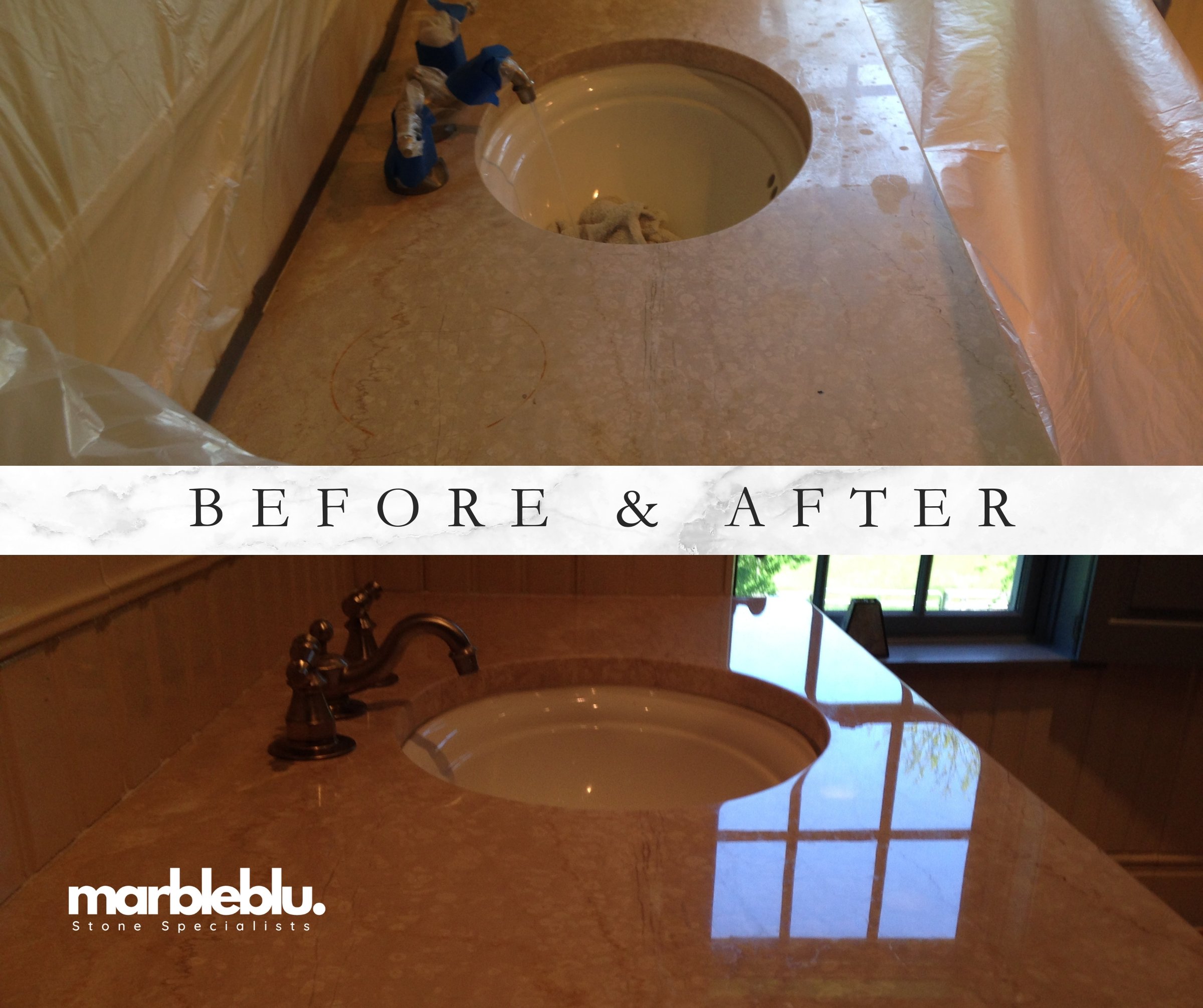 Marble vanity top stain and etch removal NYC - Professional marble countertop restoration before after