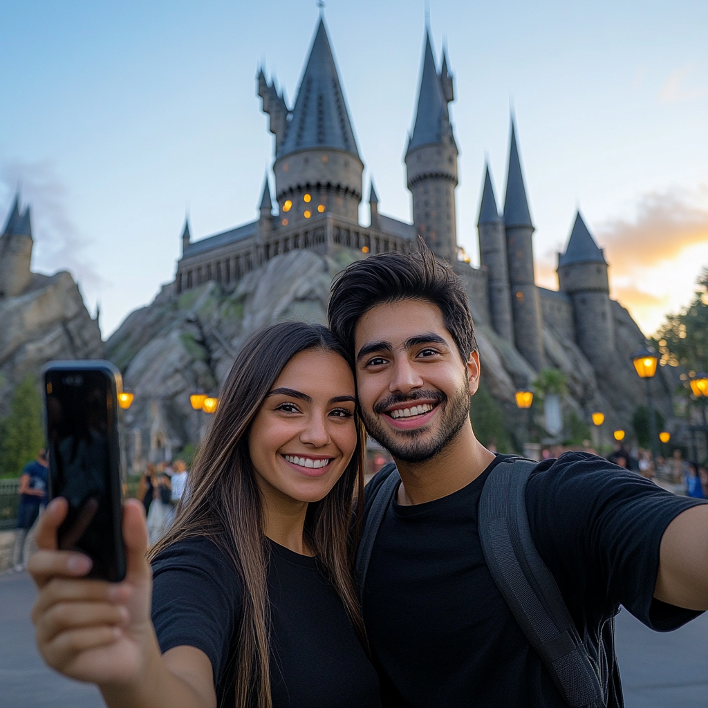 A couple takes a selfie in front of a castle with conical towers, smiling under a clear sky.