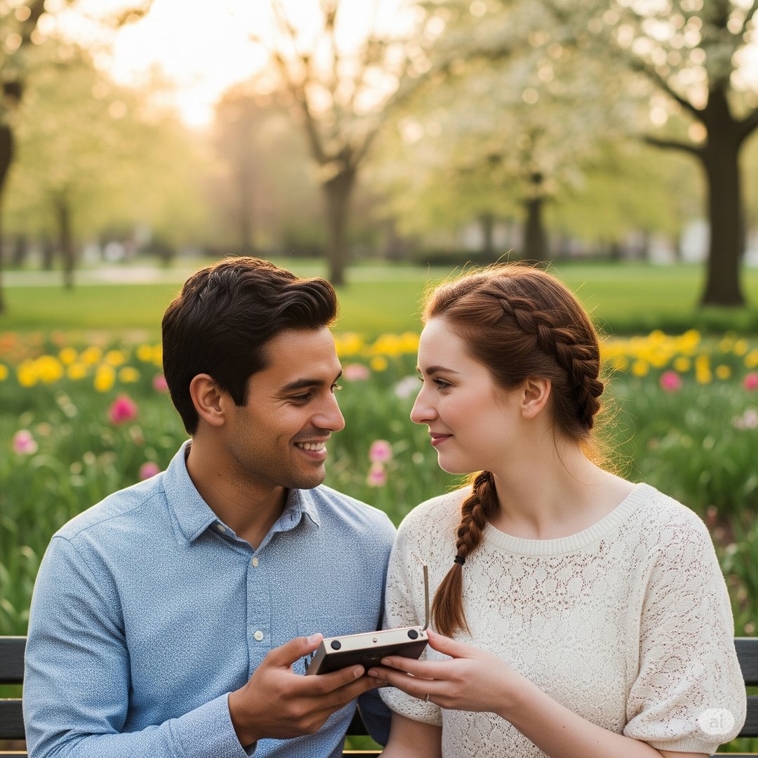 Couple sitting on a park bench, holding a phone together, smiling at each other. Background of trees and flowers.
