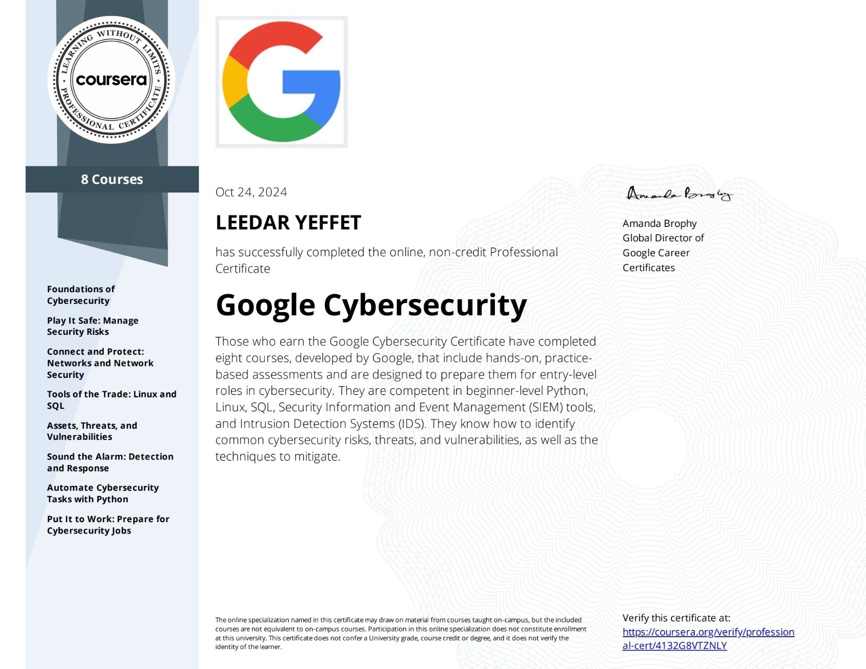 Google Cybersecurity Certificate for Leedar Yeffet, verifying completion of an online professional course on Oct 24, 2024.