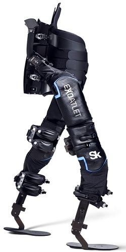 Powered exoskeleton with black framework and support structures, designed for human mobility assistance.