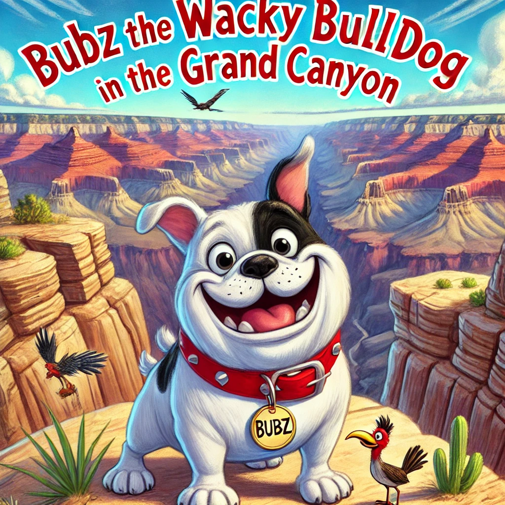 Cartoon bulldog with a red collar in the Grand Canyon, surrounded by birds. Text reads Bubz the Wacky Bulldog in the Grand Canyon.