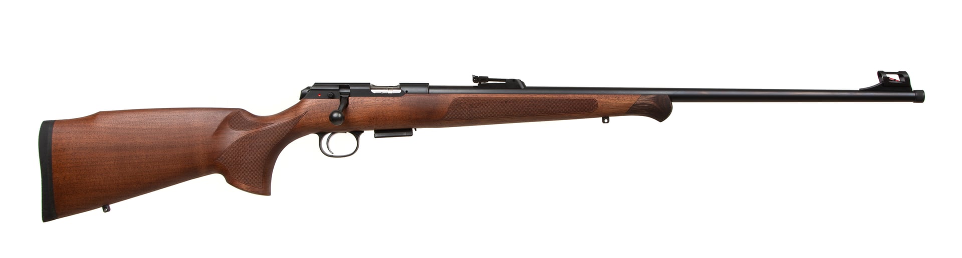 A .22lr caliber rifle with a wooden stock and black barrel, featuring a bolt-action mechanism and iron sights, isolated on a white background.