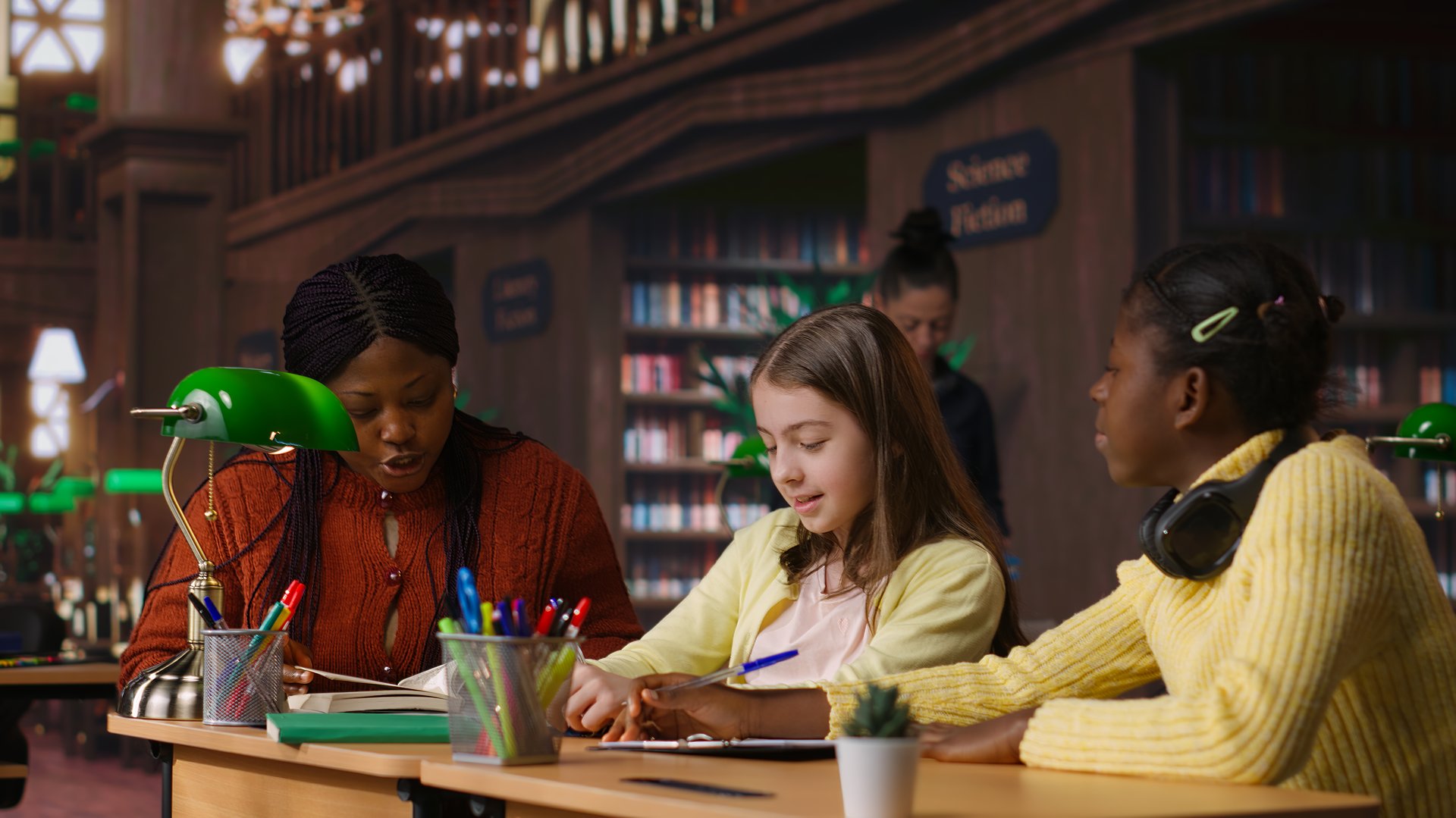 African american private teacher offering support to her students, tutoring them through a lesson plan at a library desk. Tutor providing learning materials, mentoring scholars. Camera B.