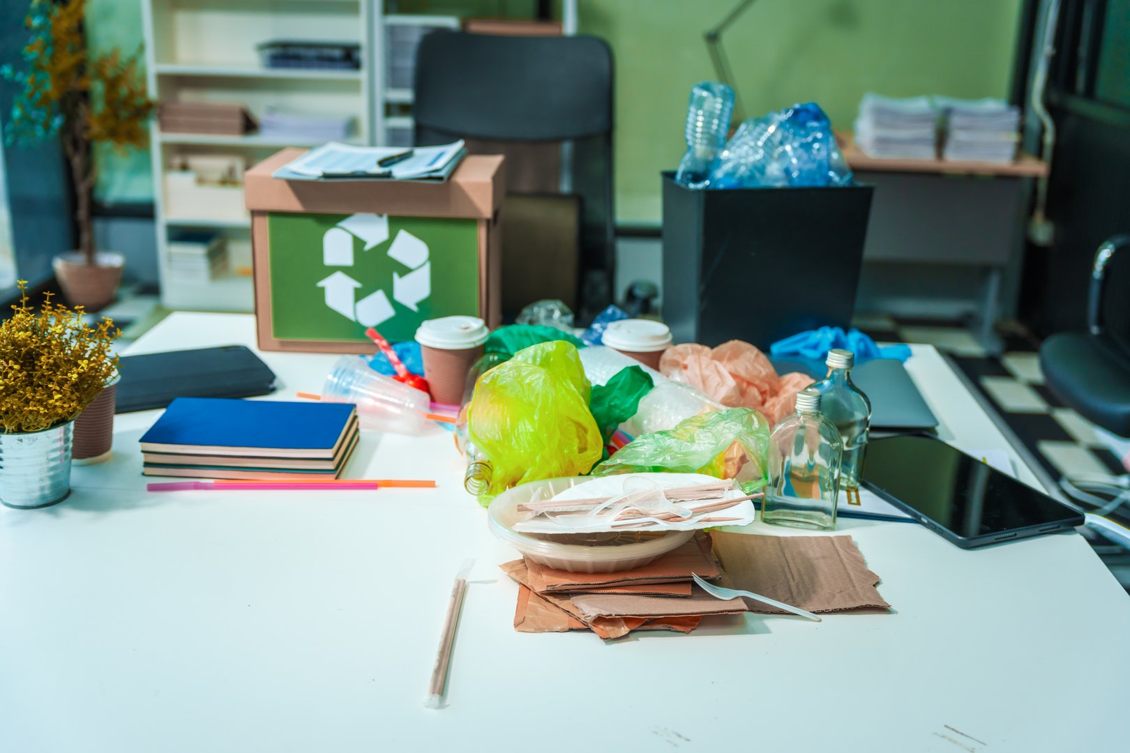 Empty desk setup for waste management, featuring bins for separating plastic waste. recycling, sustainability, efficient waste processing, underscoring a commitment to environmental responsibility.