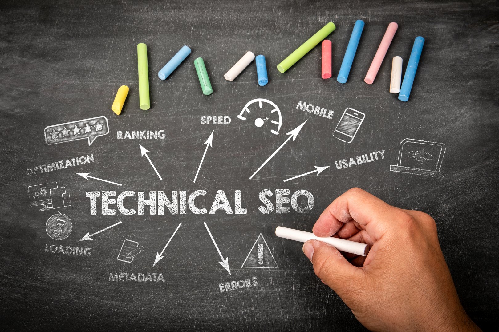 Technical SEO Concept. Illustration with icons, arrows and keywords on a black chalkboard background.
