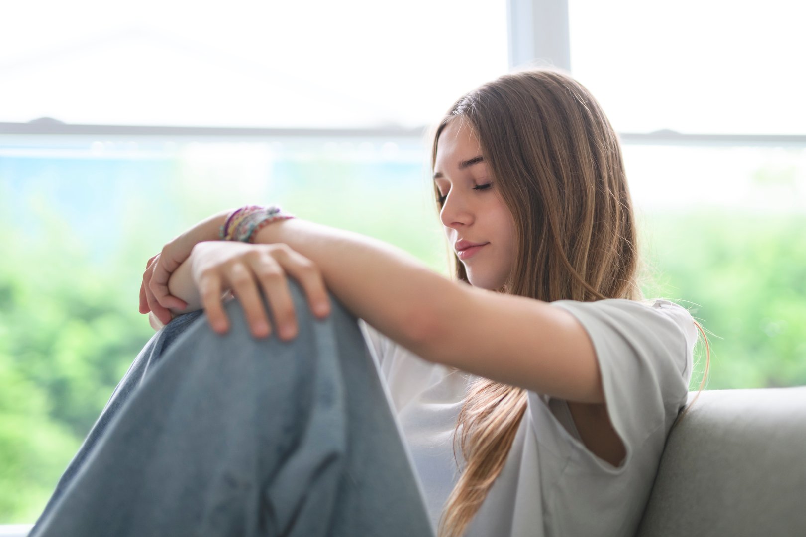 A Depression in teenage concept, Young girl feeling anxious and unhappy.