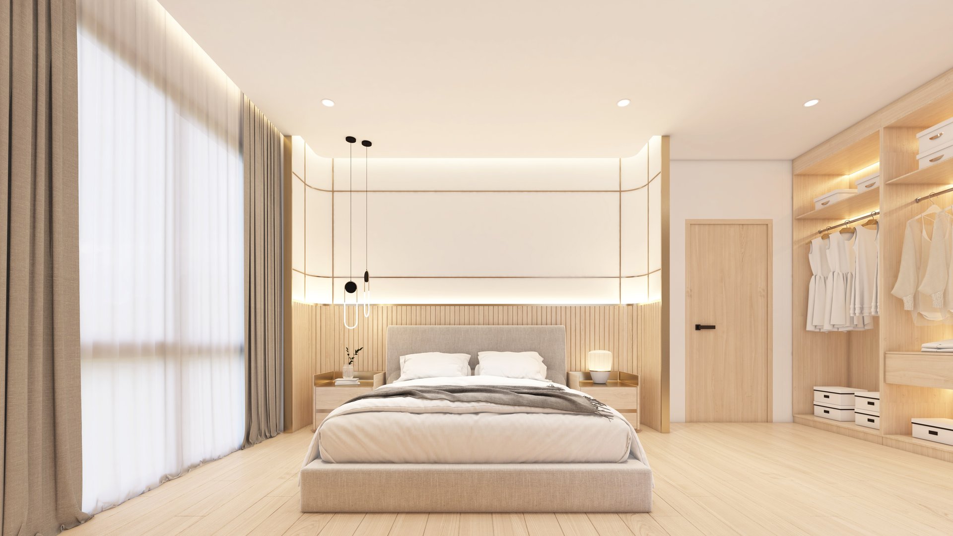 Minimalist  japan style bedroom decorated with padded headboard and curved wall, wood dressing table and wood wardrobe. 3d rendering