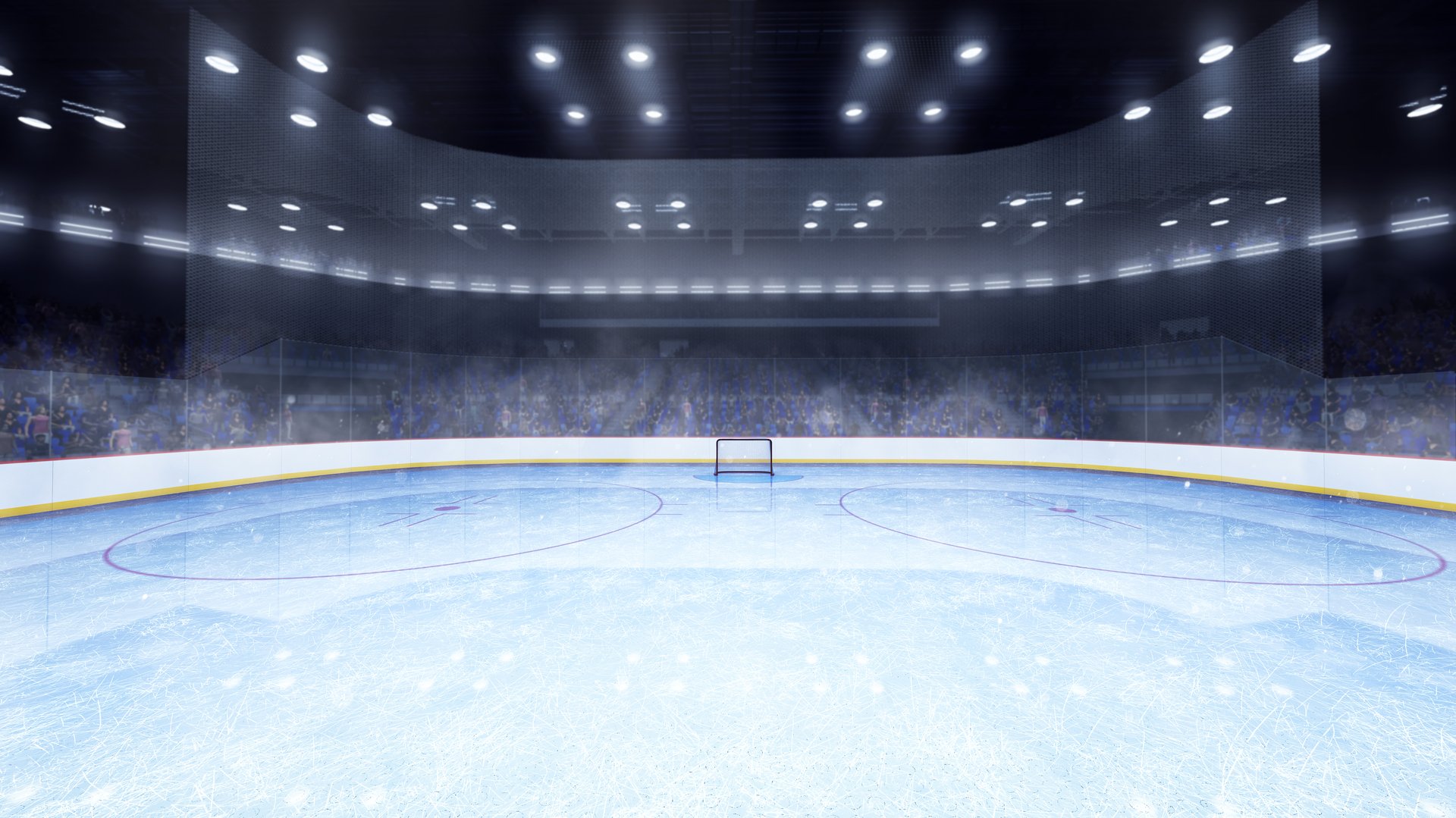 Ice hockey stadium, field with spotlights. View from gates of empty ice rink, sport arena wit indoor illumination. 3D render illustration background. Concept of team sports, active lifestyle. Ad