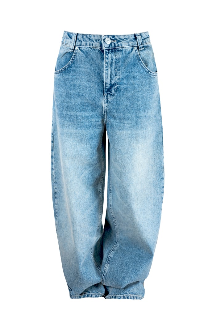 Baggy wide leg loose jeans isolated on white front view, single object cutout.Stylish trendy clothes.Fashion female pants.