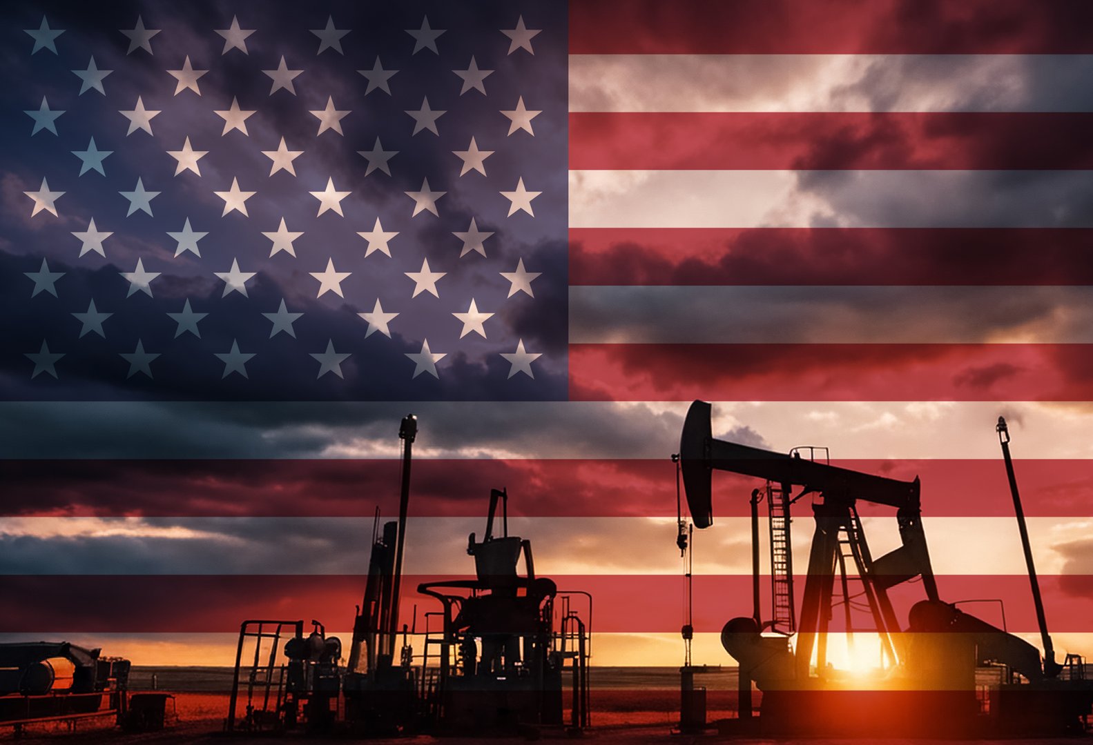 Drilling for oil in the countryside at sunset with American national flag overlay