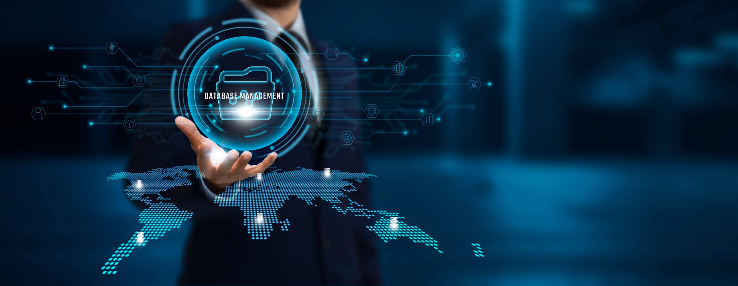 Big Data Businessman Holding the Data Network Connecting Icon Relevant to Business and Analytics with Cloud System and Global Network