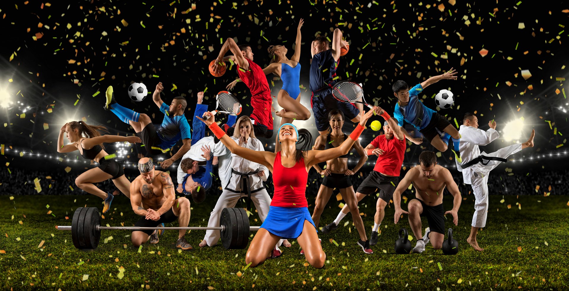 Huge multi sports collage taekwondo, tennis, soccer, basketball, football, bodybuilding, etc