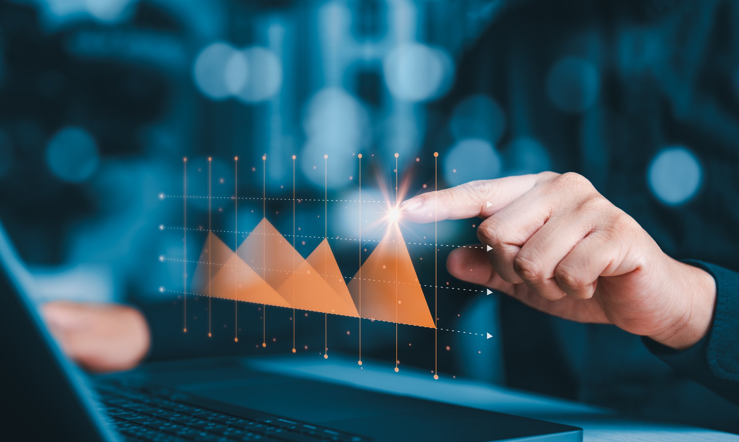 Business graph with chart icons, company profits growth concept. Increase sale performance and return on investment. Hand touch on chart icon with grids. Way to successful and strategy plan concept.
