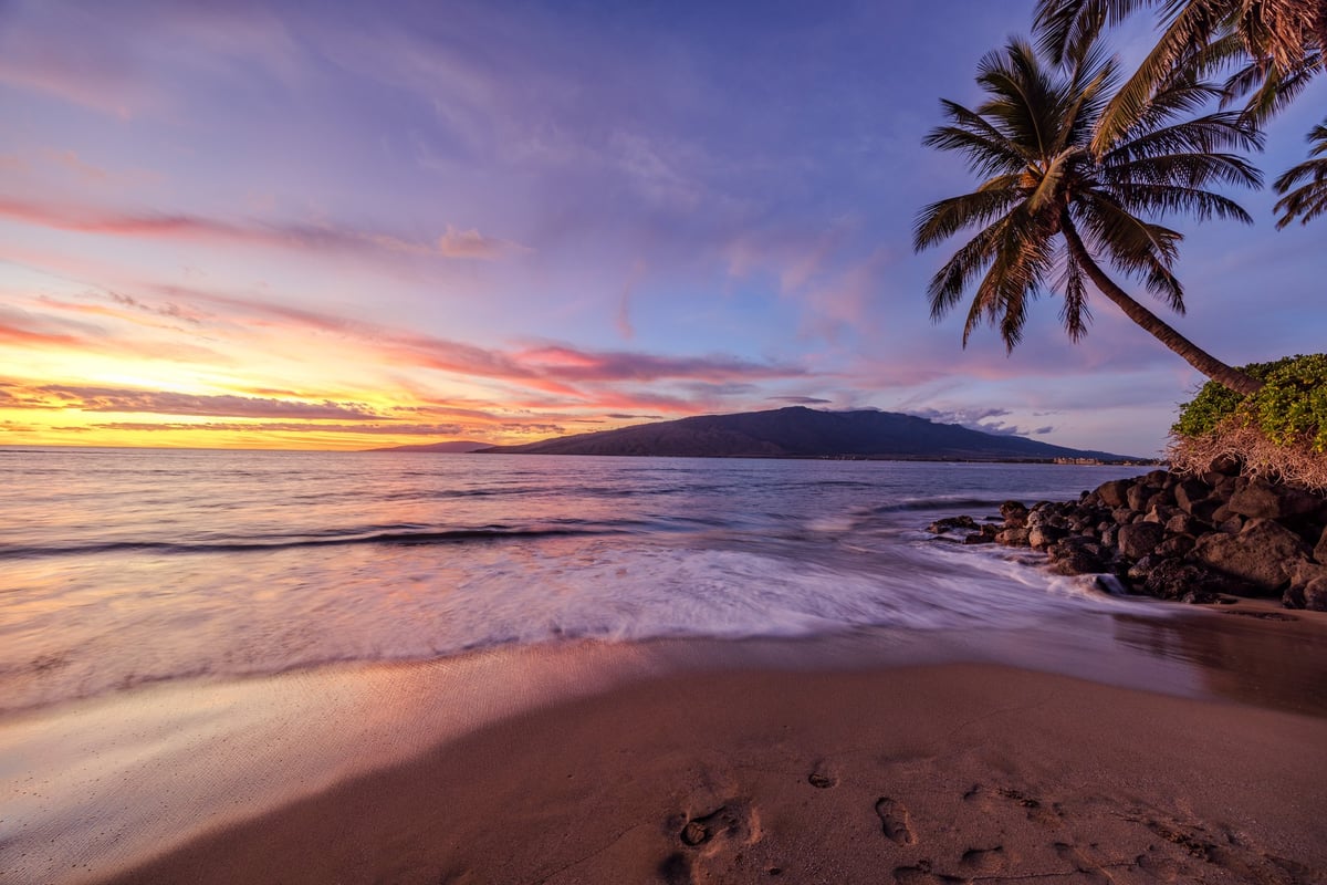 A beautiful sunset view at Public Beach, South Kihei Rd  in Kihei, Maui, Hawaii with colorful sky.  HDR encoded