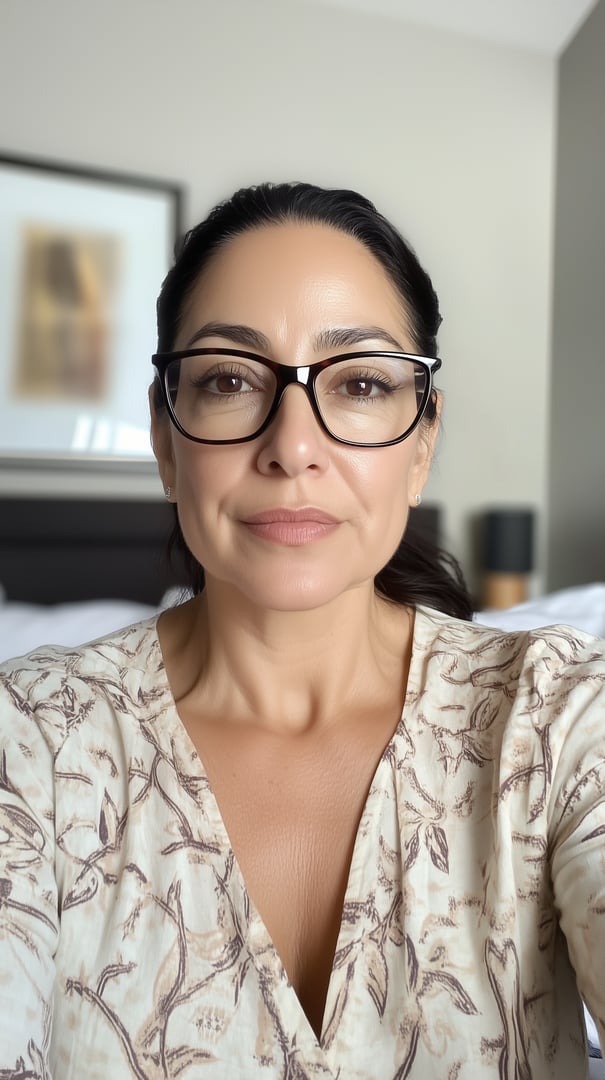 Woman with glasses and long dark hair, wearing a patterned beige top, takes a selfie indoors.