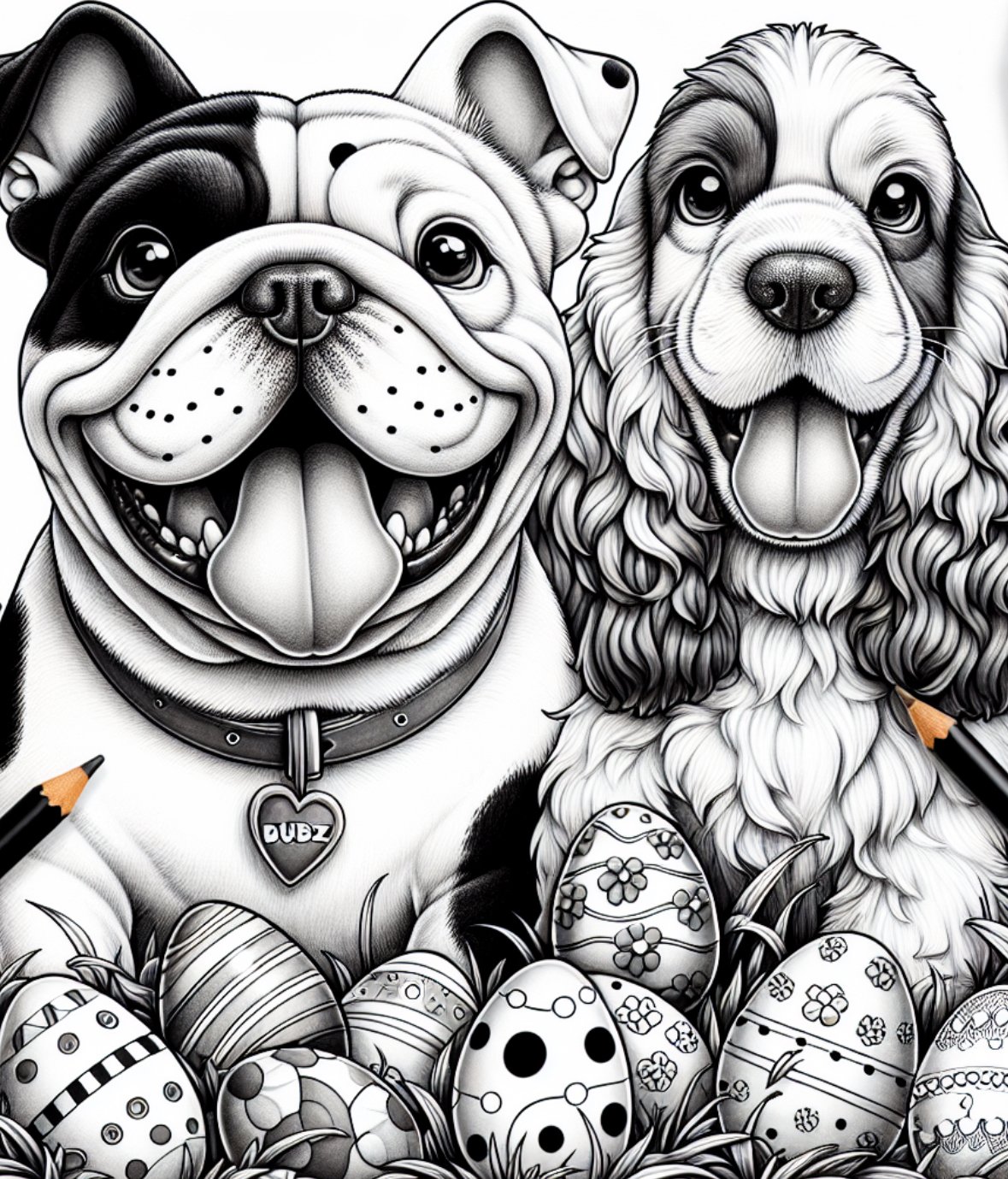 Black and white drawing of a smiling bulldog and spaniel with decorated Easter eggs in front. Pencils nearby.