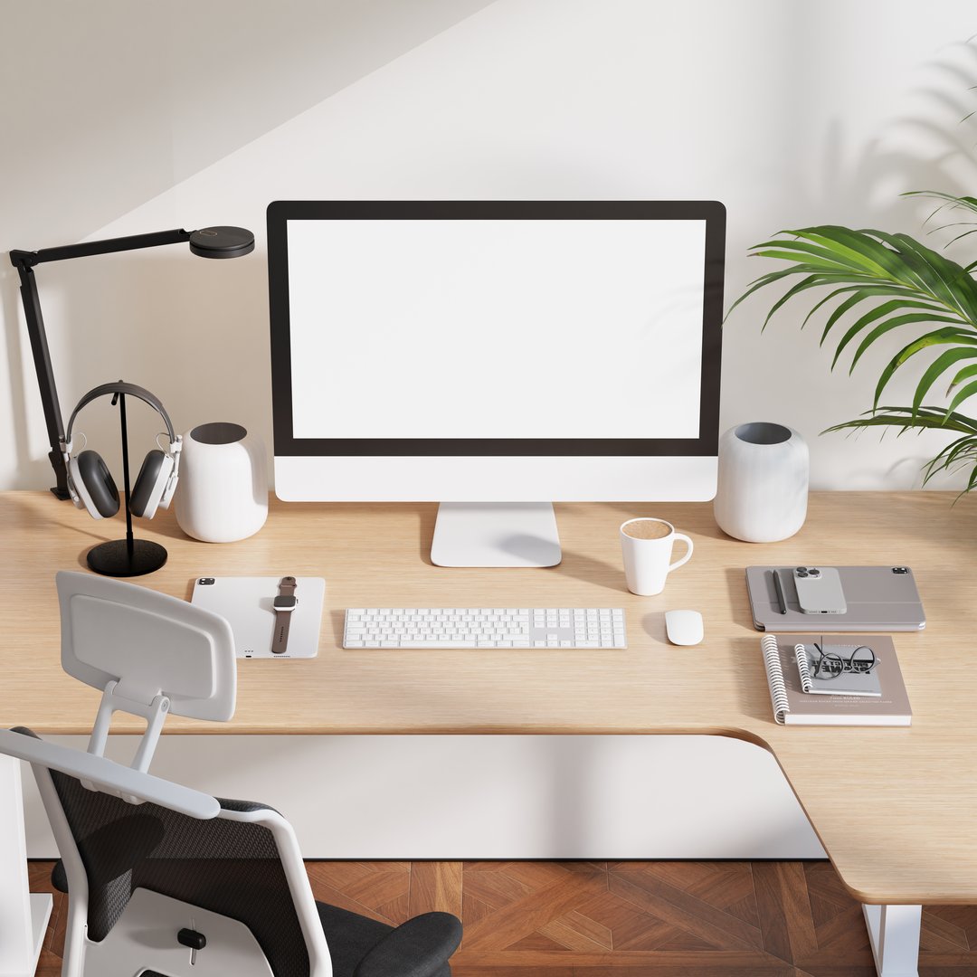 Modern minimalist home office interior with poster frame mockup and computer screen on wooden desk, ideal for design presentations and work-from-home concepts.