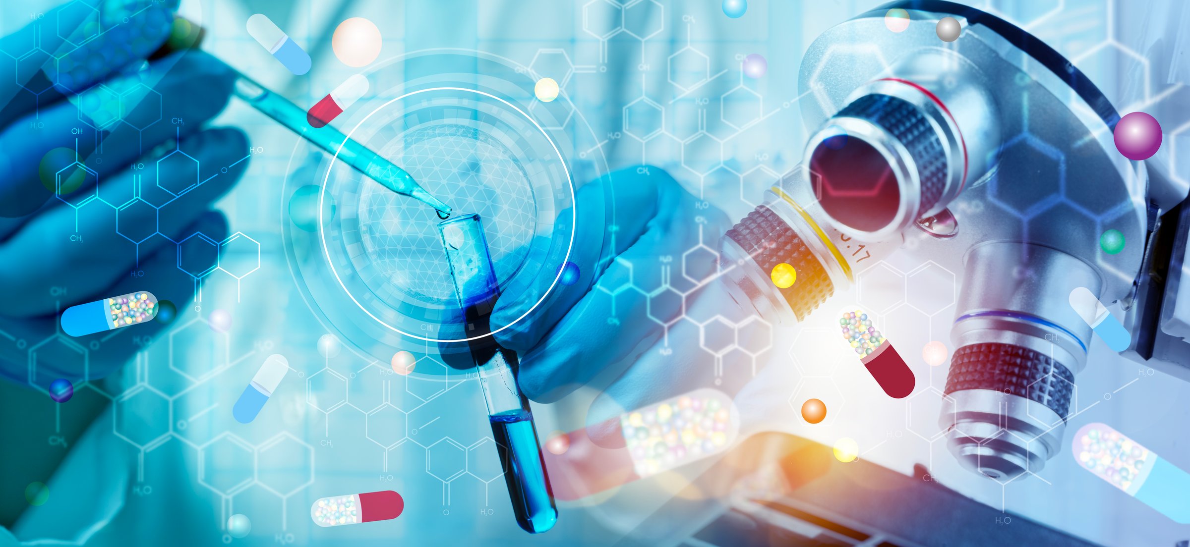 Scientist using pipette with test tubes pharmaceutical research