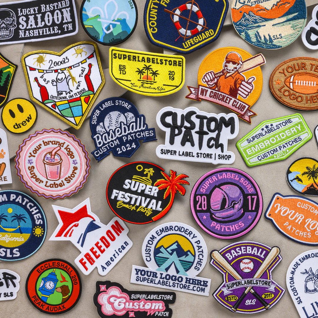 Various embroidered patches in different shapes and colors with logos and text designs displayed on a flat surface.