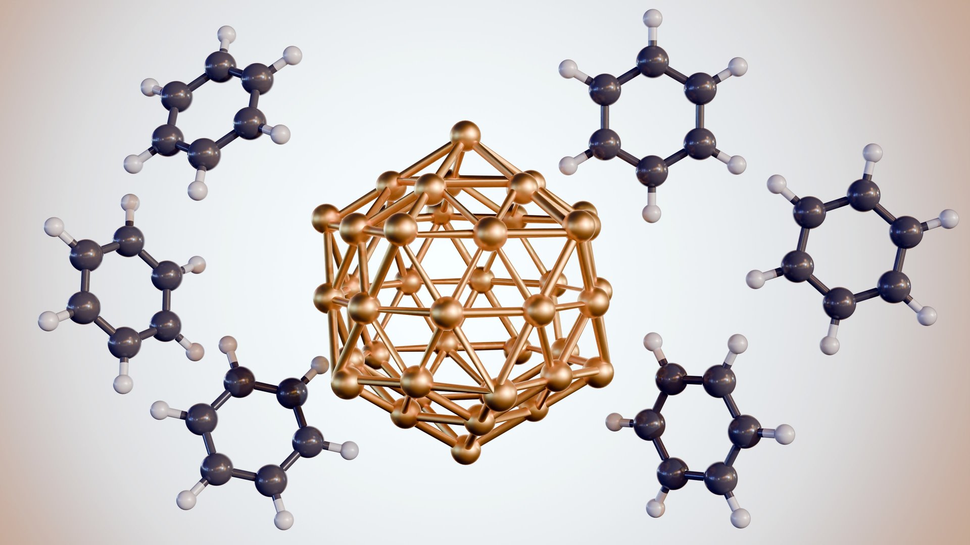 3d rendering of benzene molecules conjugated gold (Au) nanoparticles (NPs) on the black background