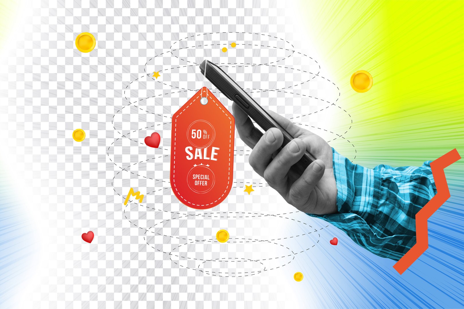 Creative art collage with human hand holding a smartphone with a red sale tag offering 50 percent discount and special offer. Concept for e-commerce, online shopping and marketing