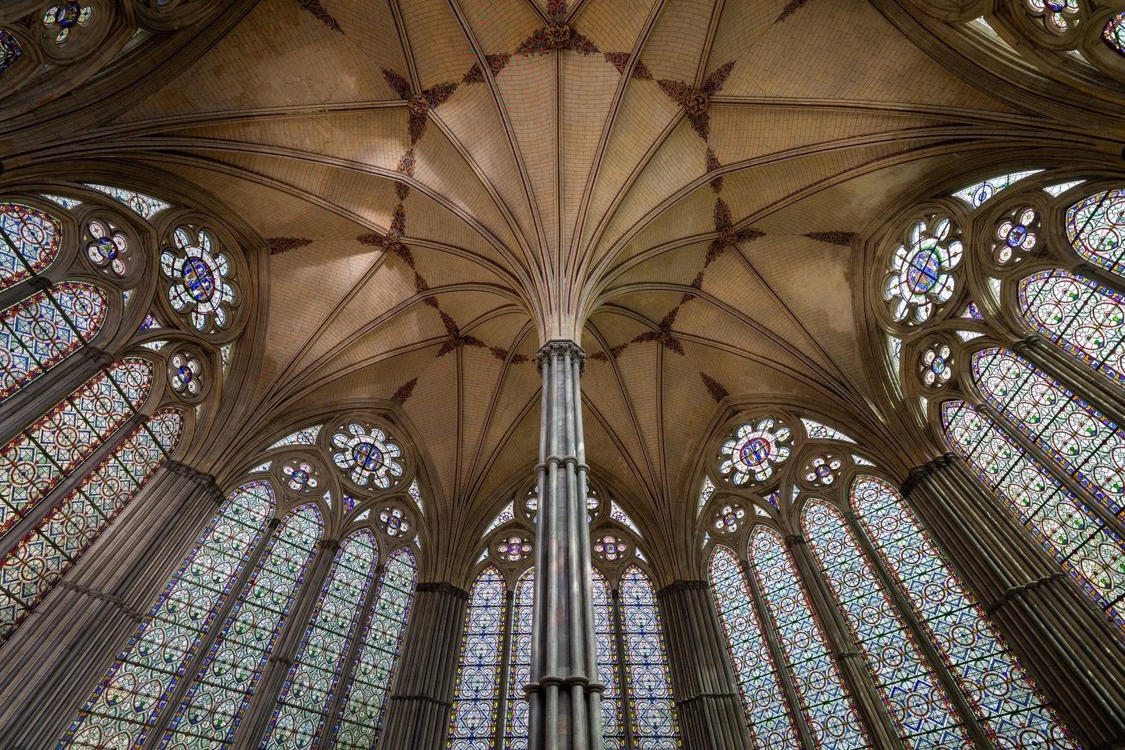 Stained glass windows and ceiling in the Chapter House at Salisbury Cathedral